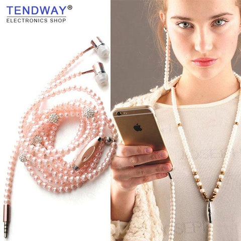 Pink girl Rhinestone Jewelry Pearl Necklace Earphones With Mic