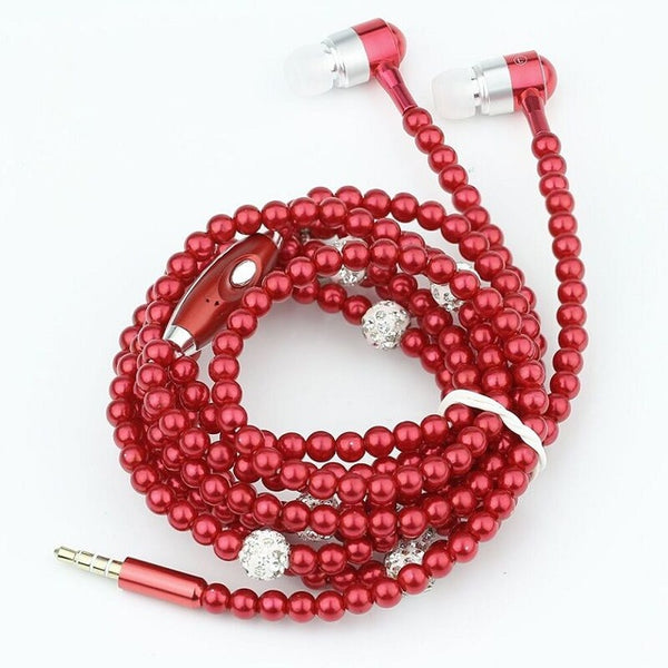 Pink girl Rhinestone Jewelry Pearl Necklace Earphones With Mic