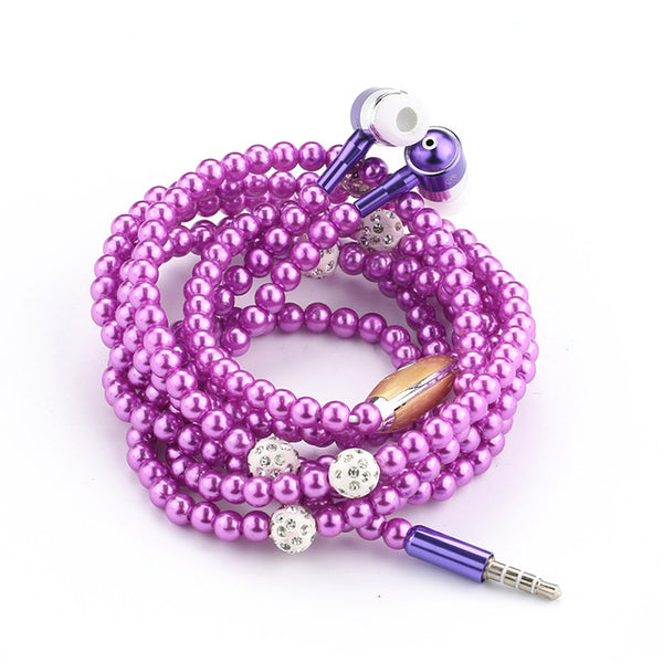 Pink girl Rhinestone Jewelry Pearl Necklace Earphones With Mic