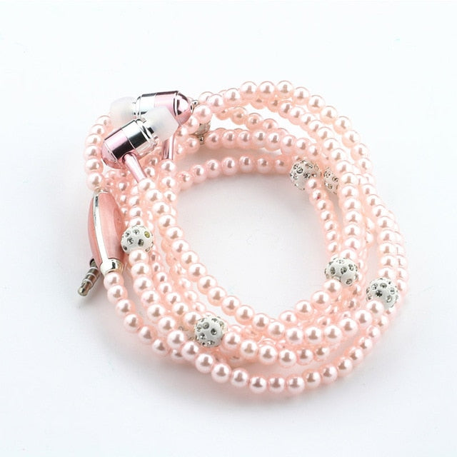 Pink girl Rhinestone Jewelry Pearl Necklace Earphones With Mic